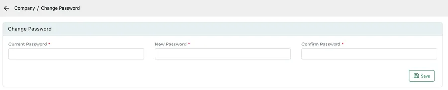 Change Password: Current Password, New Password and Confirm Password, with Save below