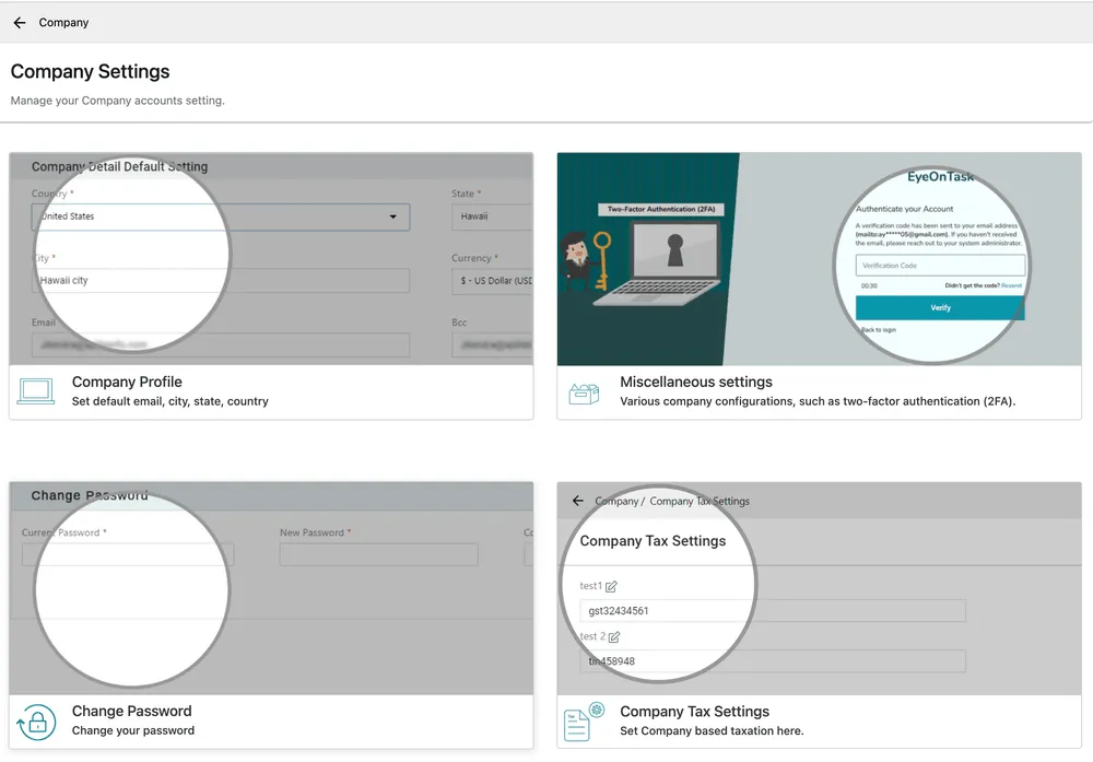 The Company section of Settings: Company Profile, Miscellaneous settings, Change Password and Company Tax Settings