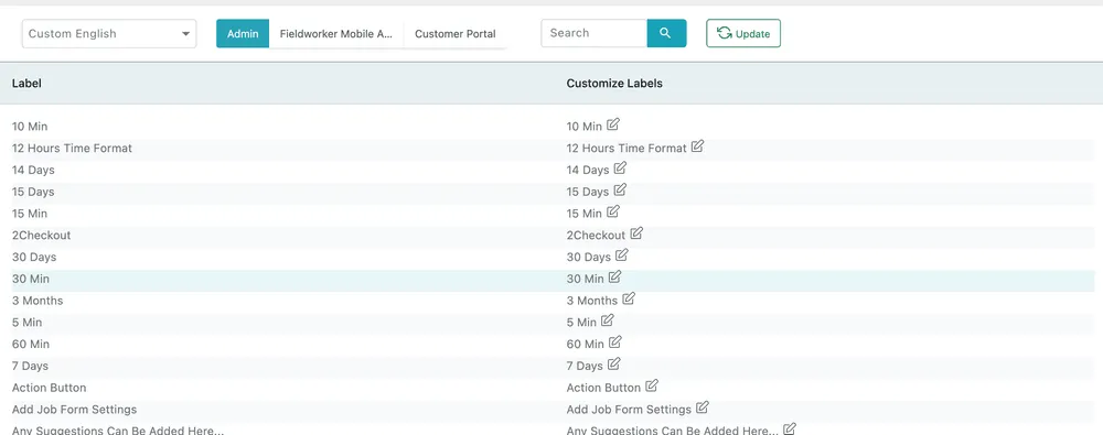 The label editor: a language dropdown, tabs for Admin, Fieldworker Mobile Application and Customer Portal, a search box, and a two-column table of labels against their customised versions