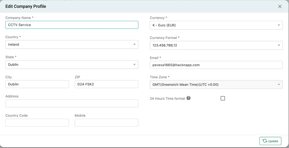 The Edit Company Profile dialog: company name, country, state, city, ZIP, address and phone down the left; currency, currency format, email, time zone and the 24-hour clock down the right