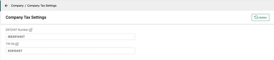 Company Tax Settings: a GST/VAT Number field and a TIN No field, each with a pencil beside its label