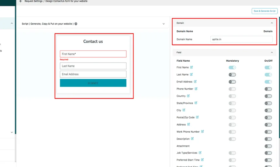 The Contact Us form designer: the domain field, a live preview, and the field list