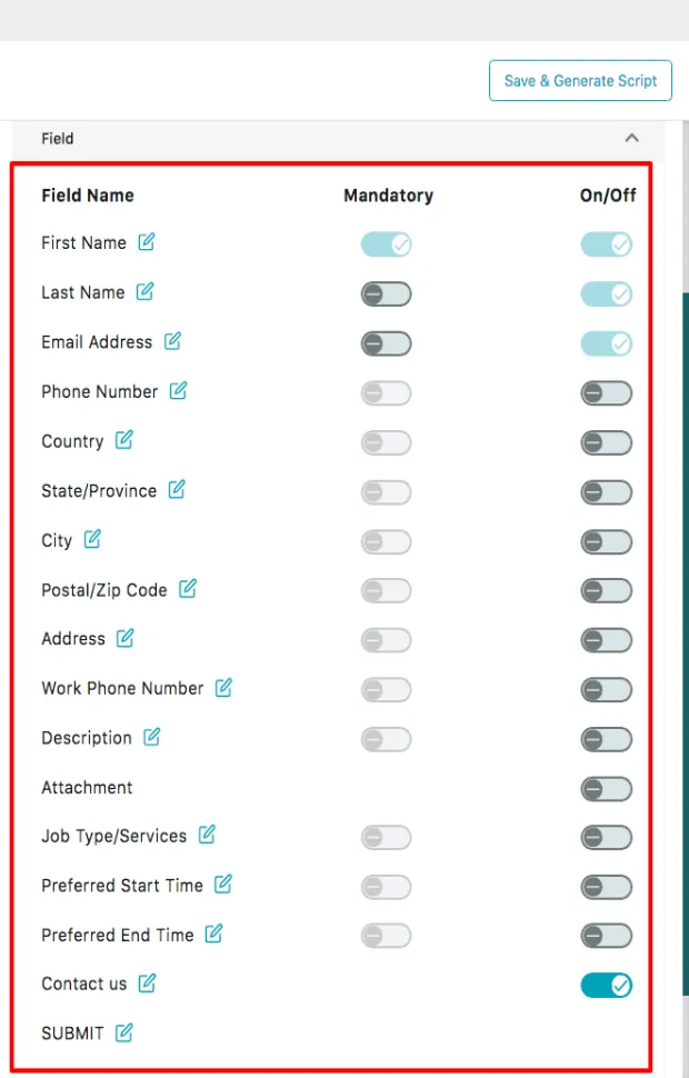 The field list, each row with a Mandatory and an On/Off toggle