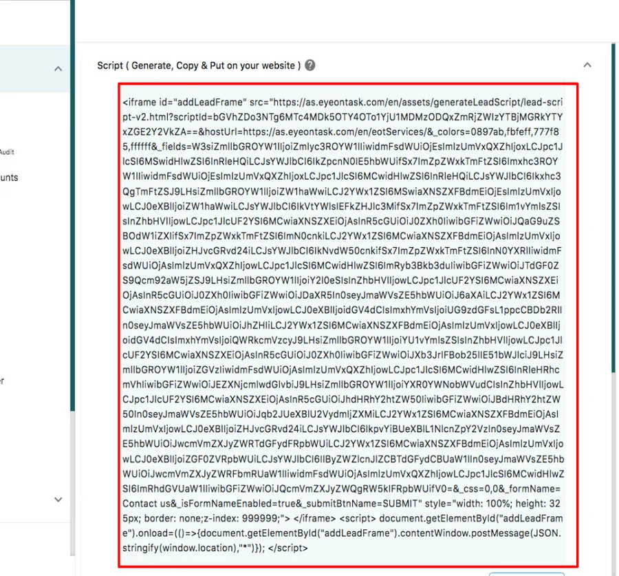 The generated script, with the copy button beneath it