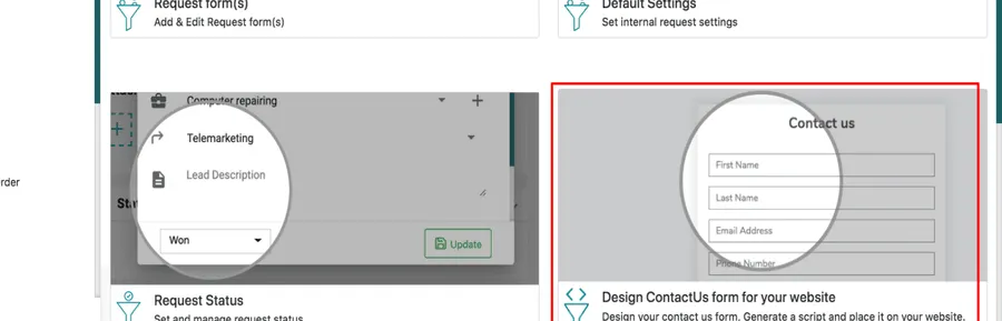 Request settings, with Design ContactUs form for your website