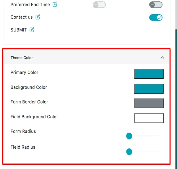 The theme panel: primary, background, border and field colours, and the two radius sliders