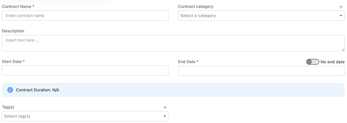Basic Contract Details: contract name, category, description, start and end dates with a No end date toggle, contract duration, and tags