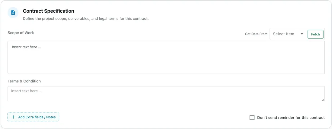 The Contract Specification section with Scope of Work, Terms and Condition, Add Extra fields / Notes, and a Don't send reminder checkbox