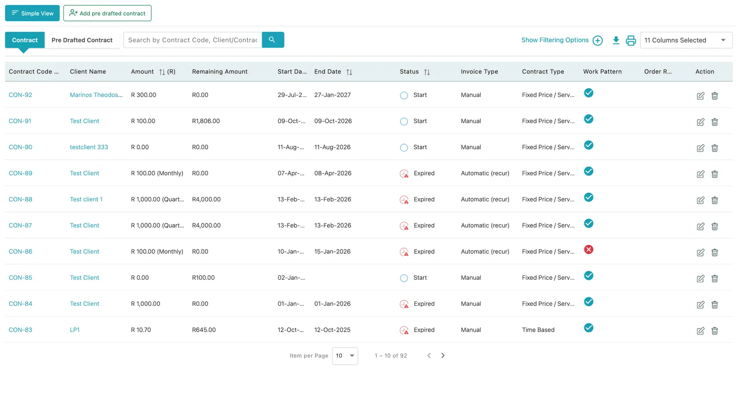 The contracts list in Table View, with columns for contract code, client, amounts, dates, status, invoice type and contract type