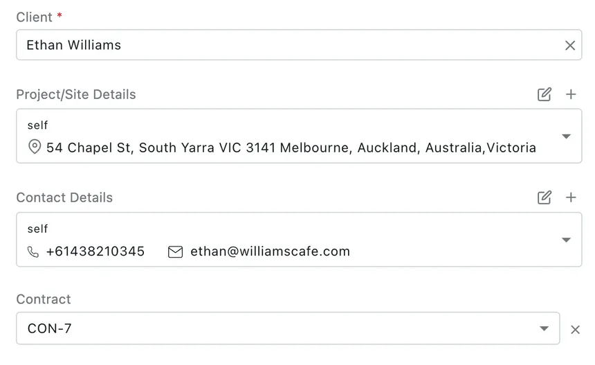 The top of the Create New form: Client, Project/Site Details, Contact Details and Contract