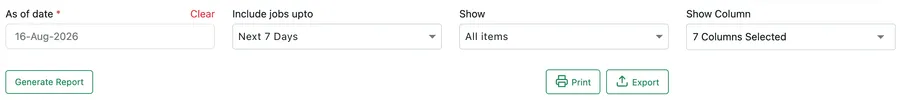 The report's filter row: As of date, Include jobs upto, Show and Show Column, with Generate Report, Print and Export