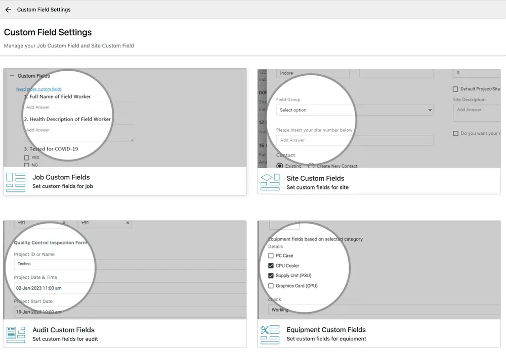 The Custom Field Settings page with cards for Job Custom Fields, Site Custom Fields, Audit Custom Fields and Equipment Custom Fields