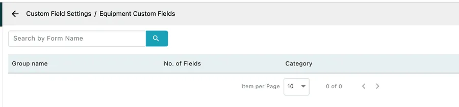 The Equipment Custom Fields list, with a Group name, No. of Fields and Category columns