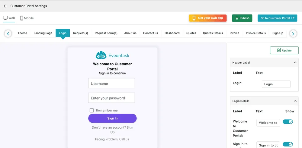 Customer Portal Settings: Web and Mobile tabs, a row of page tabs from Theme to Sign Up, a live preview of the login page, and panels for editing its labels