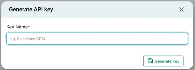 The Generate API key dialog: a required Key Name field and a Generate Key button