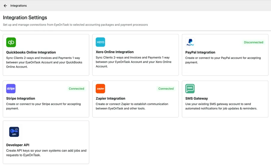 The Integration Settings page: cards for QuickBooks Online, Xero Online, PayPal, Stripe, Zapier and SMS Gateway, with Developer API below them