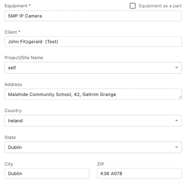 The client fields: Equipment, Client, Project/Site Name, Address, Country, State, City, ZIP and Supplier