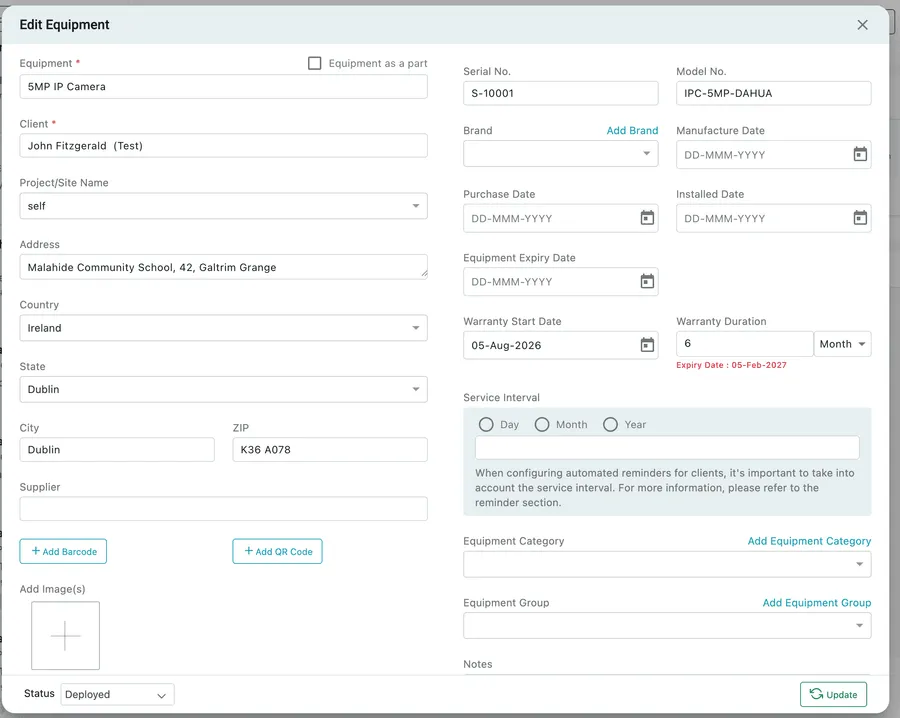 The Edit Equipment form, with the unit's details filled in and an Update button