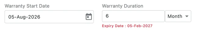 Warranty Start Date and Duration, with the expiry date worked out underneath