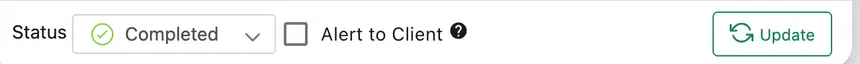 The Edit Job footer: a Status dropdown showing Completed, an Alert to Client tick box, and Update