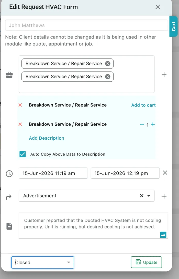 The Edit Request window for an HVAC Form request, with client, services, preferred times, reference and description filled in, and Status and Update in the footer