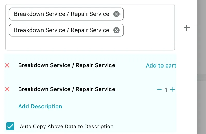 Two services listed in Edit Request — one with an Add to cart link, one with a quantity stepper