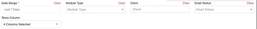 The Email Log Report filters: Date Range, Module Type, Client, Email Status and Show Column
