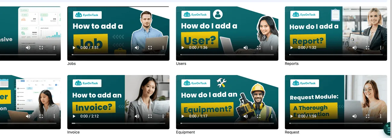 Video cards on the EyeOnTask home screen: Jobs, Users, Reports, Invoice, Equipment and Request, each a minute or two long