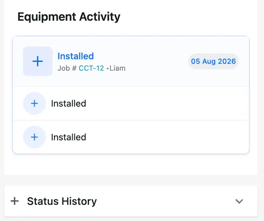Equipment Activity listing three Installed entries, the most recent showing job CCT-12, the fieldworker Liam and the date
