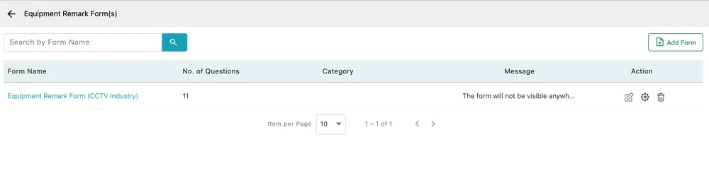 The Equipment Remark Form(s) list: one form with its question count, category column and a message saying the form will not be visible unless a category is selected