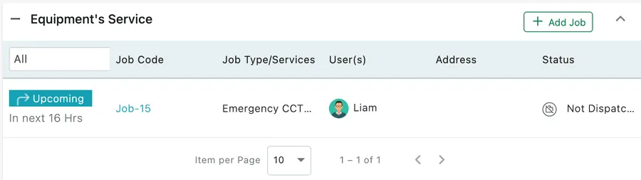 Equipment's Service expanded: a filter, then a job row showing Upcoming in next 16 Hrs, job code, job type, the fieldworker and the dispatch status