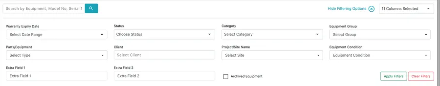 The filter panel: Warranty Expiry Date, Status, Category, Equipment Group, Parts/Equipment, Client, Project/Site Name, Equipment Condition, two extra fields and an Archived Equipment tickbox, with Apply Filters and Clear Filters
