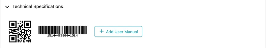 Technical Specifications with a QR code, a barcode and Add User Manual