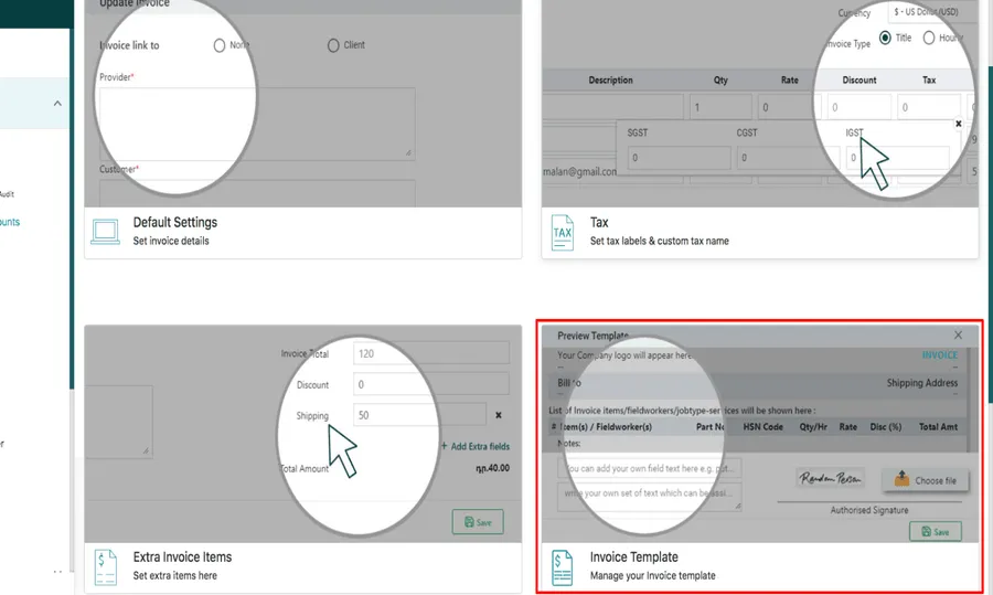 Invoice & Accounts settings, with Invoice Template as the fourth option