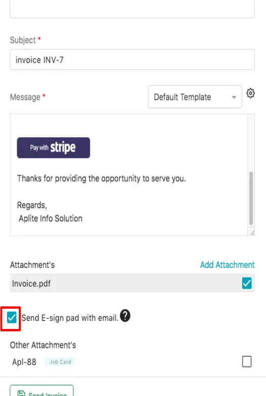 The Send E-sign pad with email checkbox, ticked