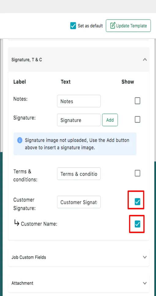 Signature, T & C expanded, with Customer Signature and Customer Name ticked