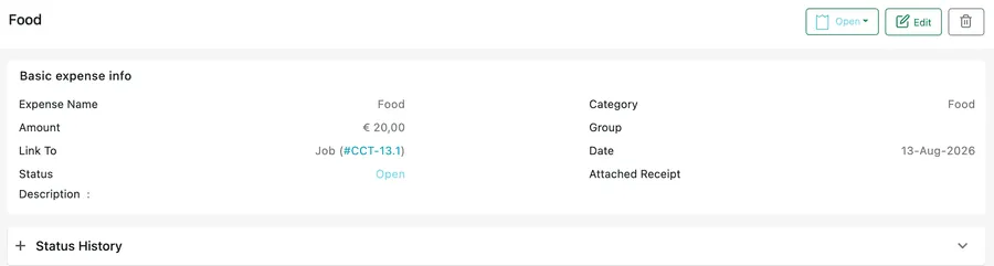 An expense open on the right of the screen: the name and action buttons at the top, the Basic expense info block below, and a collapsed Status History section