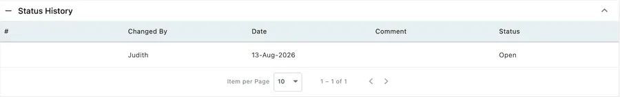 The Status History table on an expense, with columns for who changed it, the date, a comment and the status it moved to