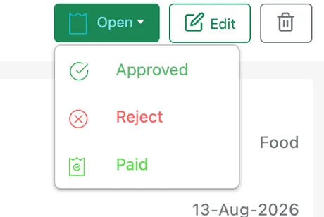 The status dropdown open on an expense, offering Approved, Reject and Paid