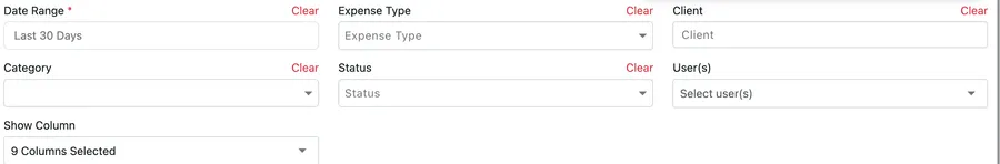 The Expenses Report filters: Date Range, Expense Type, Client, Category, Status, User(s) and Show Column
