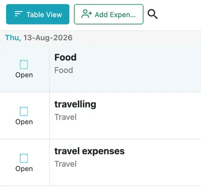 The expense list: each row with the claim name, its category and its status, grouped under the date it was spent