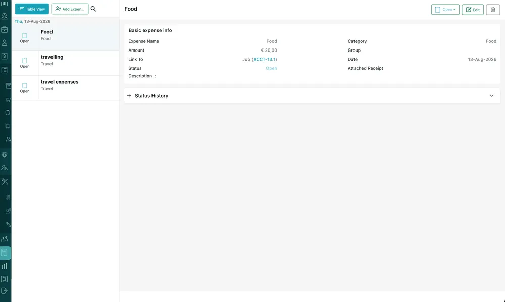 The Expenses screen: claims listed down the left under their date, with the selected one open on the right