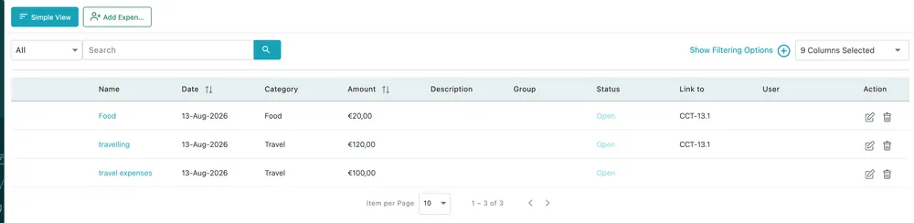 Expenses in Table View: the search and filter row above a table of claims with columns for name, date, category, amount, description, group, status, link to, user and actions