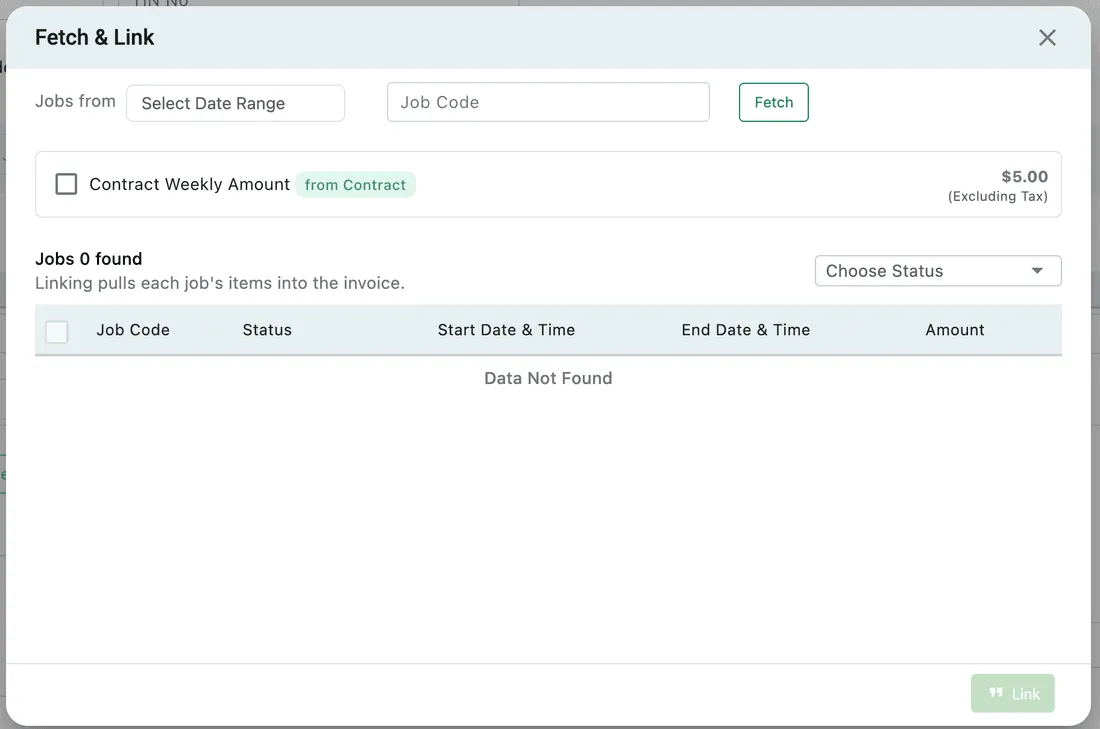 The Fetch and Link dialog: date range and job code search, the contract amount tickbox, and the list of jobs found