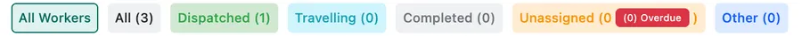 The Map filter bar: All Workers, All, Dispatched, Travelling, Completed, Unassigned, Other