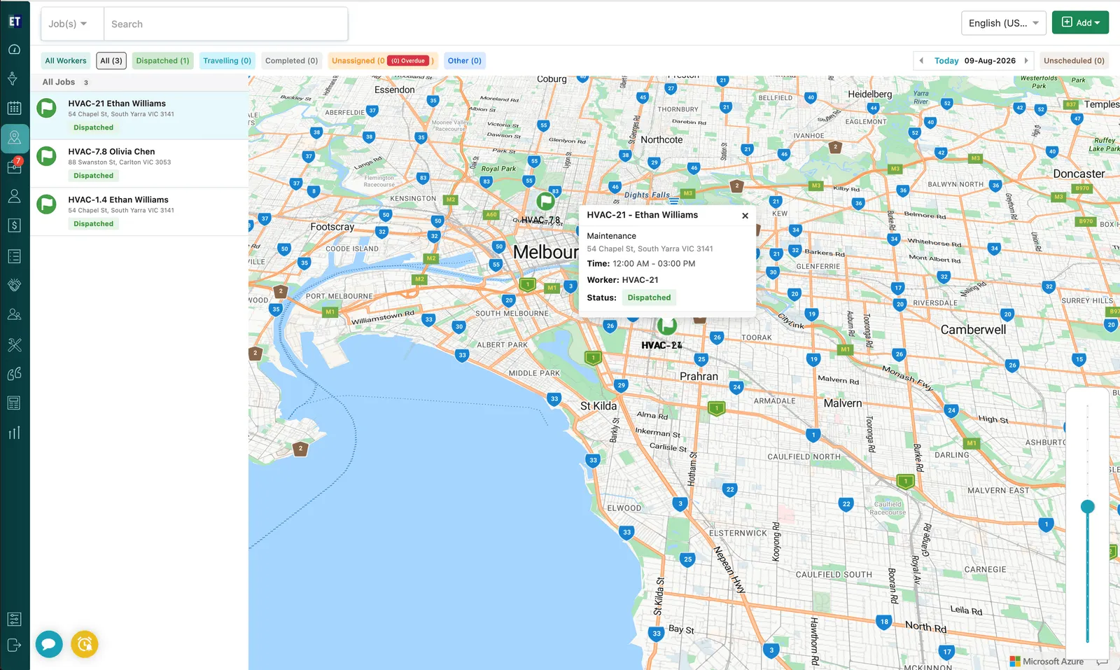 The full Map screen in job view: the job list down the left and a selected job's popup open on the map