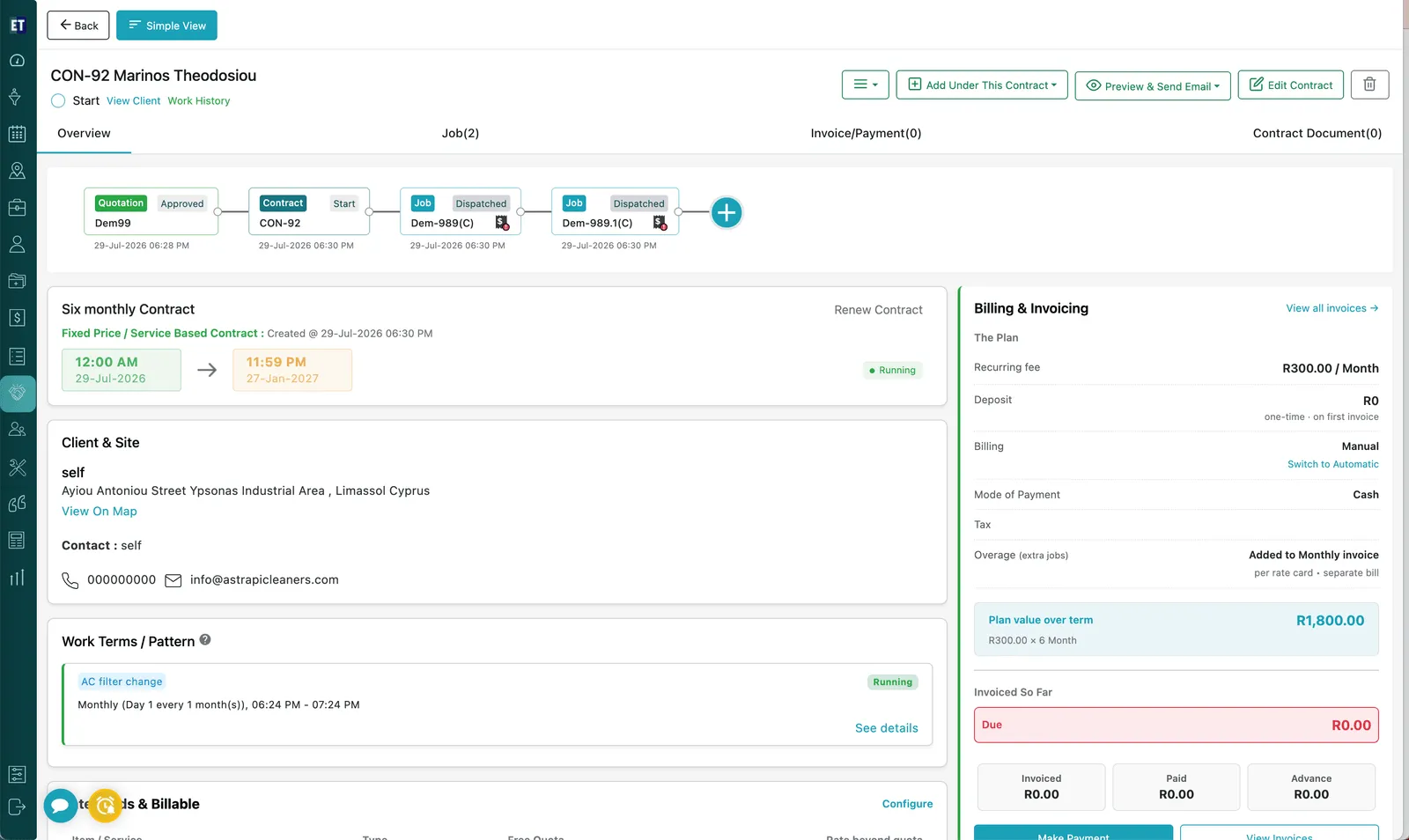 The full contract page: timeline at the top, contract and client details on the left, billing and invoicing on the right