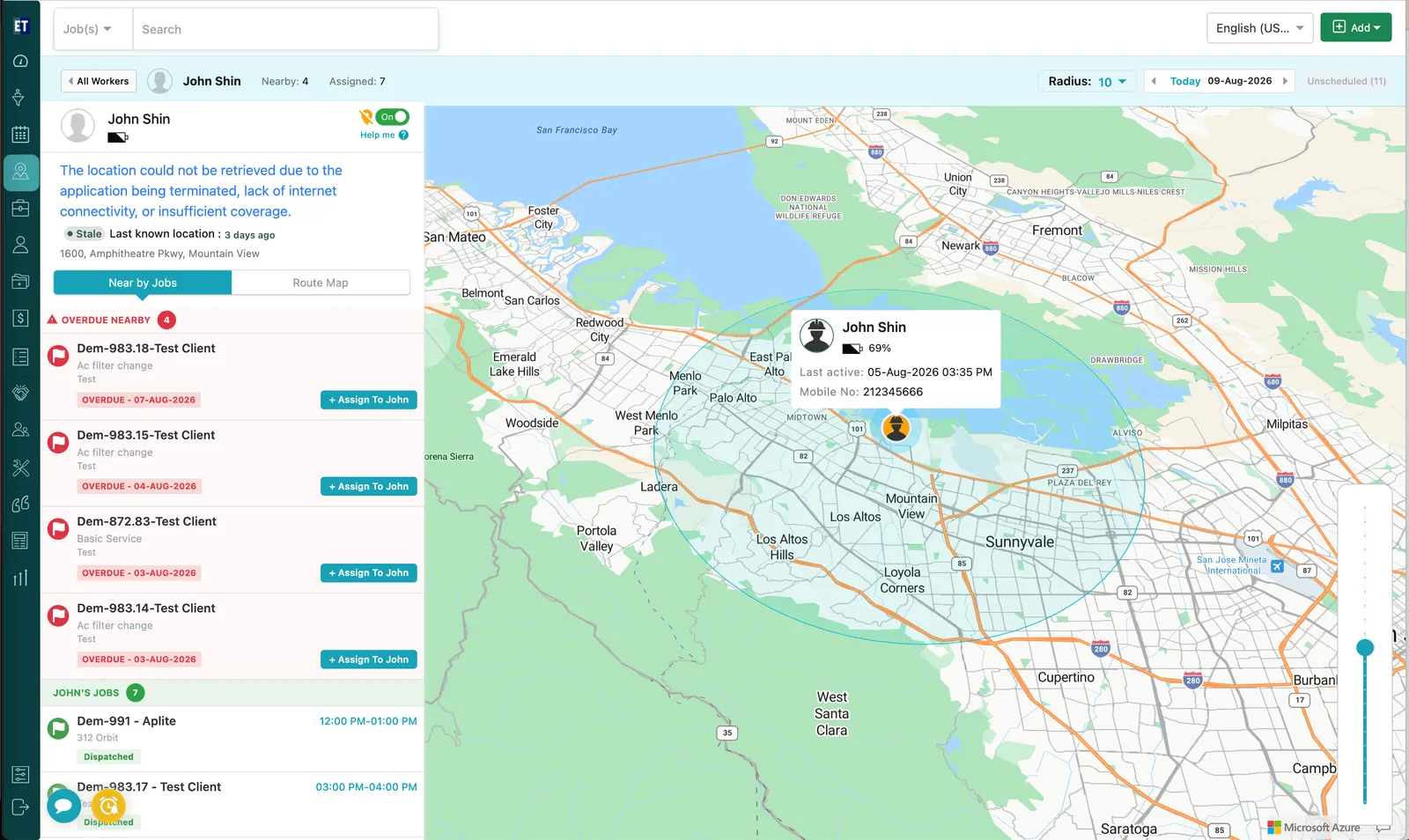 The full screen with a worker selected: their status panel, overdue nearby jobs and own jobs down the left, and their marker with its radius on the map