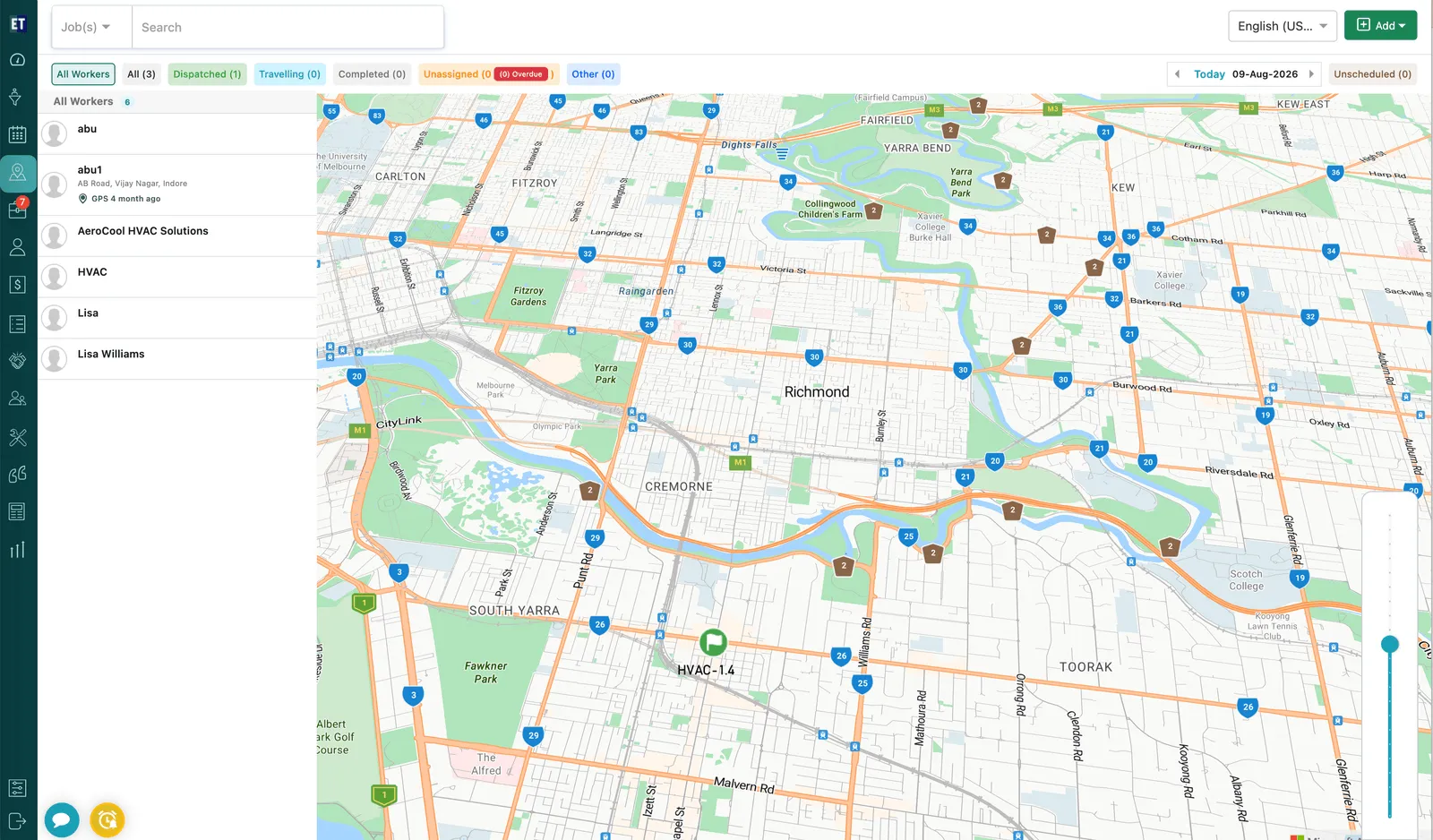 The full Map screen: filter bar across the top, the worker list down the left, and the map filling the rest