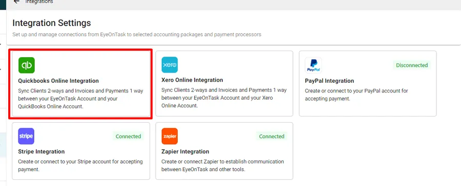 Integration Settings, with the QuickBooks Online card first among five